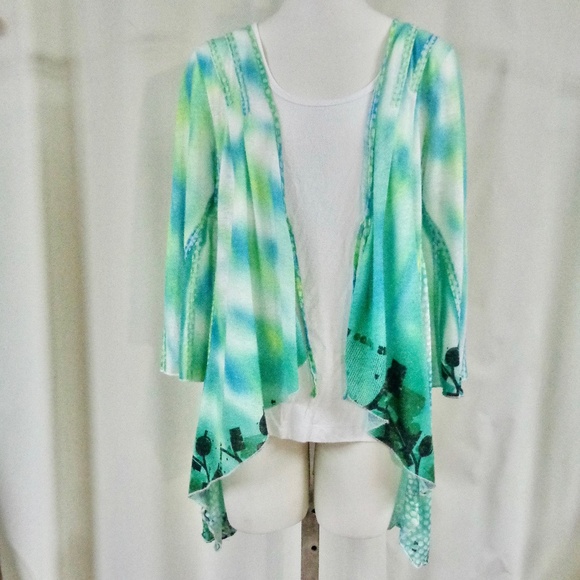 ANIA.A. TURQUOISE WATERCOLOR PRINT 3/4 SLEEVE TIE FRONT LIGHT WEIGHT JACKET S - Picture 4 of 10